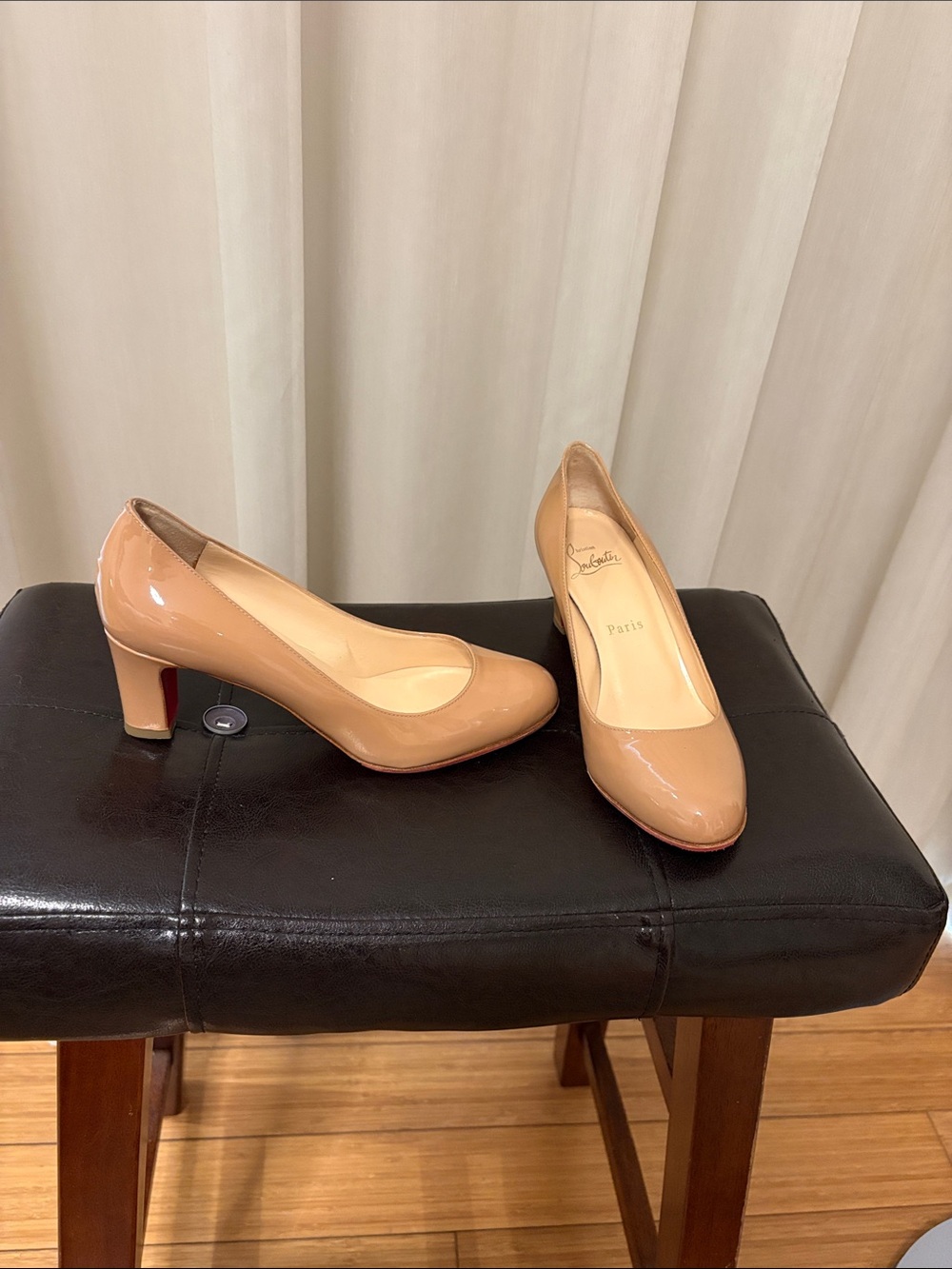Christian Louboutin Patent Nude Mid Heel Pumps